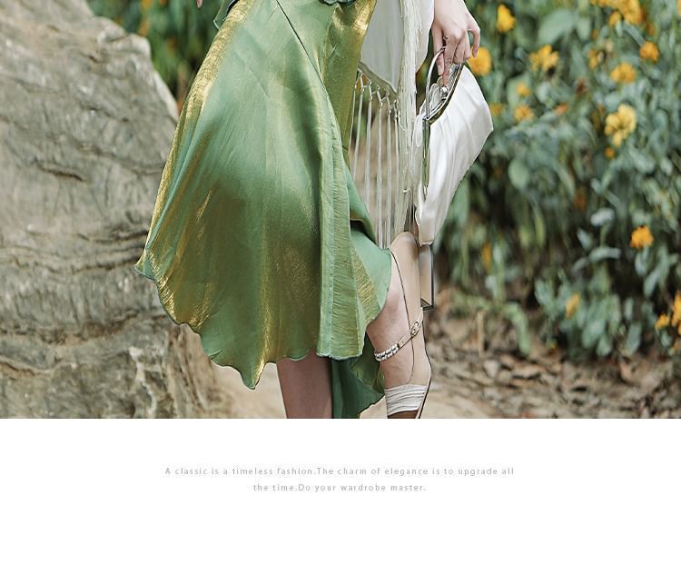 Spaghetti Strap Plain Asymmetrical Flower Accent Ruched Maxi Mermaid Dress / 3/4-Sleeve Fringed Open Front Light Jacket / Set