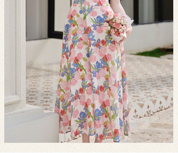 Halter Neck Collared Floral Print Midi A-Line Dress / V-Neck Button-Up Plain Cardigan / Set