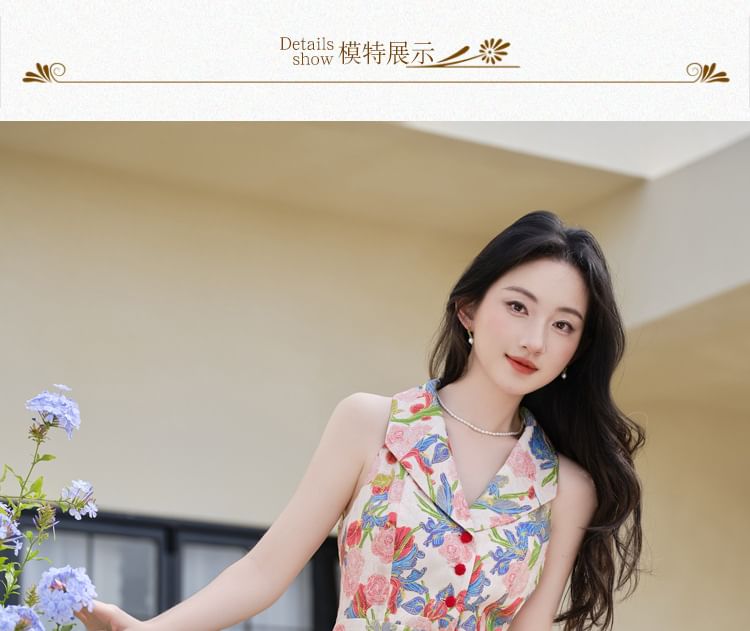 Halter Neck Collared Floral Print Midi A-Line Dress / V-Neck Button-Up Plain Cardigan / Set