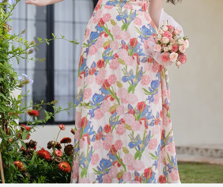 Halter Neck Collared Floral Print Midi A-Line Dress / V-Neck Button-Up Plain Cardigan / Set