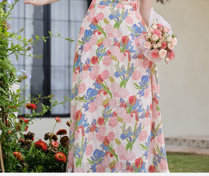 Halter Neck Collared Floral Print Midi A-Line Dress / V-Neck Button-Up Plain Cardigan / Set