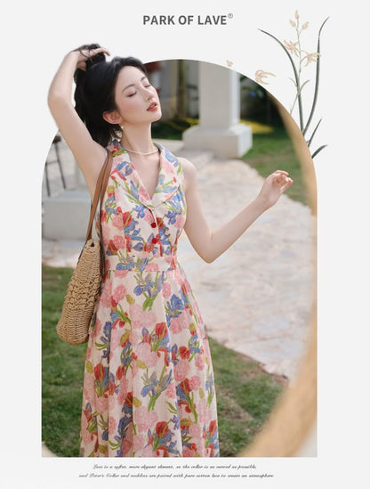 Halter Neck Collared Floral Print Midi A-Line Dress / V-Neck Button-Up Plain Cardigan / Set