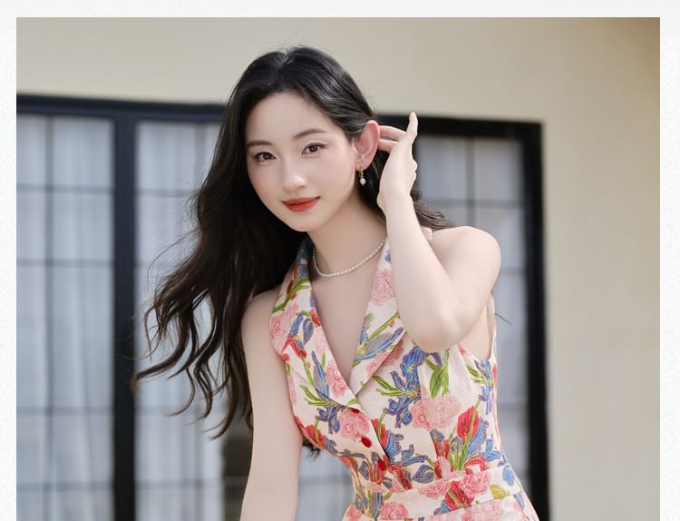 Halter Neck Collared Floral Print Midi A-Line Dress / V-Neck Button-Up Plain Cardigan / Set