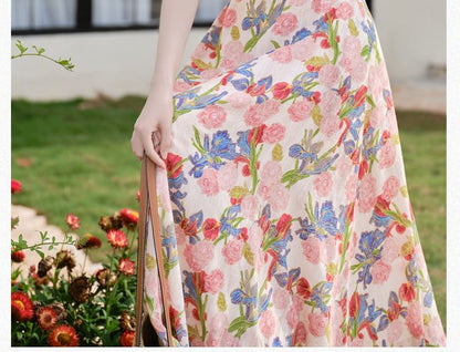 Halter Neck Collared Floral Print Midi A-Line Dress / V-Neck Button-Up Plain Cardigan / Set