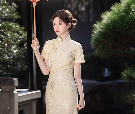 Short-Sleeve Floral Jacquard Tasseled Midi Qipao