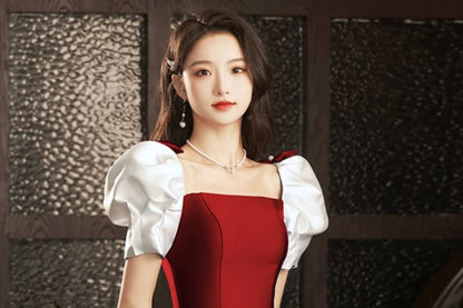 Puff Sleeve Square Neck Two Tone Bow A-Line Evening Dress