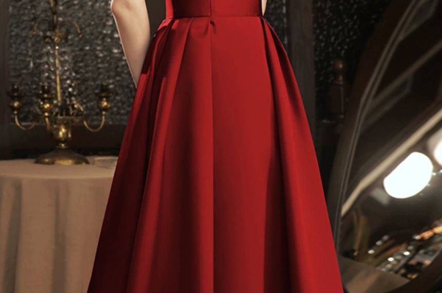 Puff Sleeve Square Neck Two Tone Bow A-Line Evening Dress
