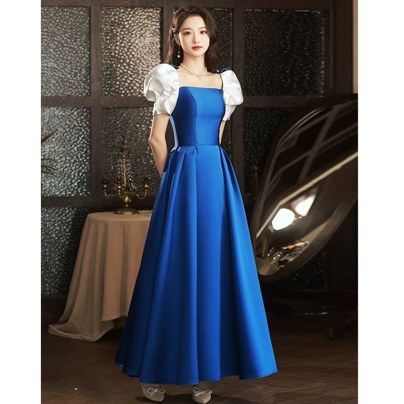 Puff Sleeve Square Neck Two Tone Bow A-Line Evening Dress