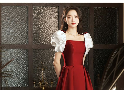 Puff Sleeve Square Neck Two Tone Bow A-Line Evening Dress
