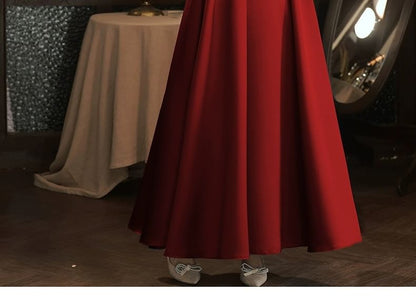 Puff Sleeve Square Neck Two Tone Bow A-Line Evening Dress