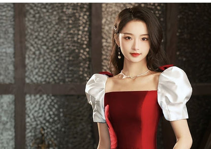 Puff Sleeve Square Neck Two Tone Bow A-Line Evening Dress