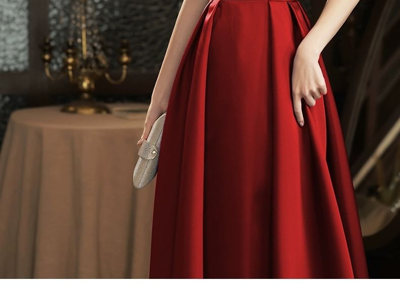 Puff Sleeve Square Neck Two Tone Bow A-Line Evening Dress
