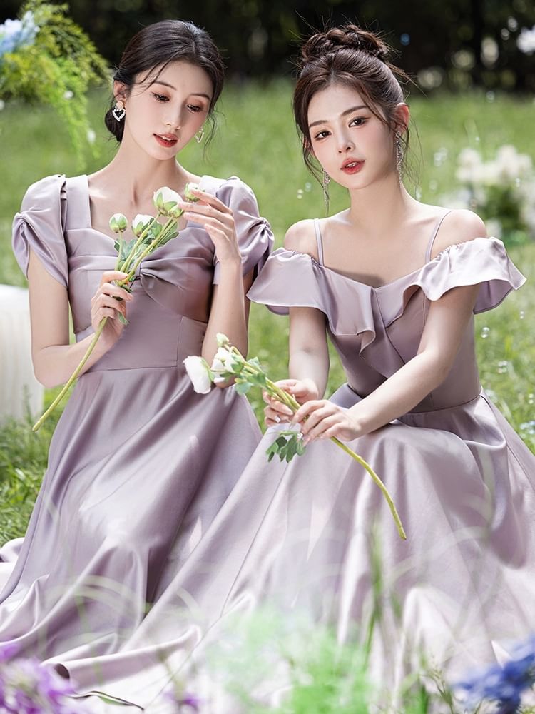 Short Sleeve Plain Maxi A-Line Bridesmaid Dress