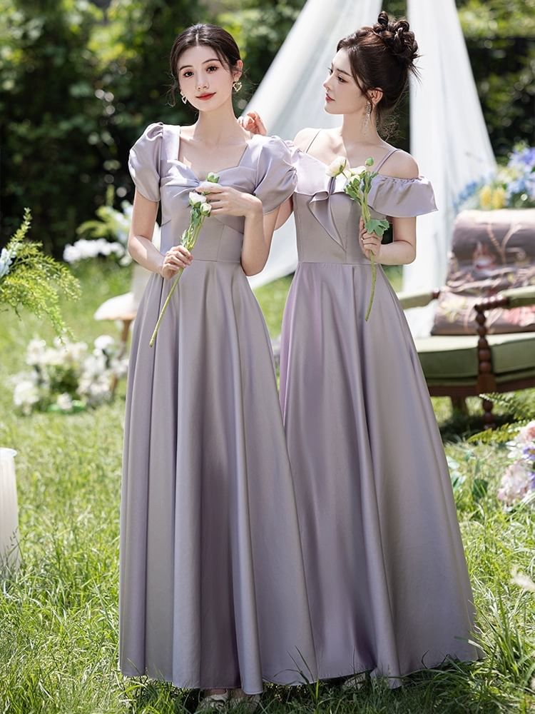 Short Sleeve Plain Maxi A-Line Bridesmaid Dress