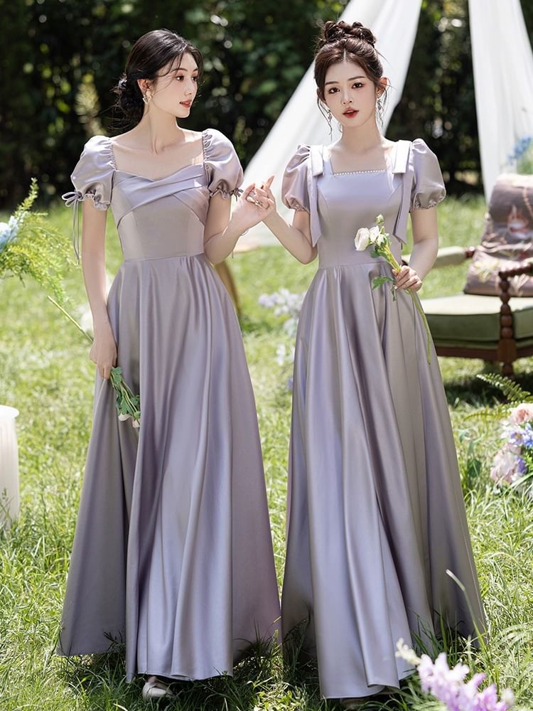 Short Sleeve Plain Maxi A-Line Bridesmaid Dress