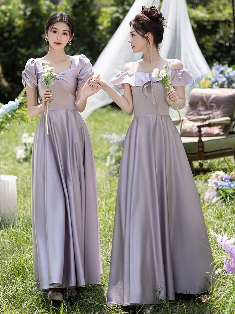 Short Sleeve Plain Maxi A-Line Bridesmaid Dress