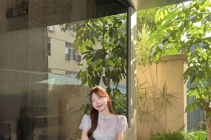 Short-Sleeve Floral Mini Qipao / High Rise Plain Wide Leg Pants