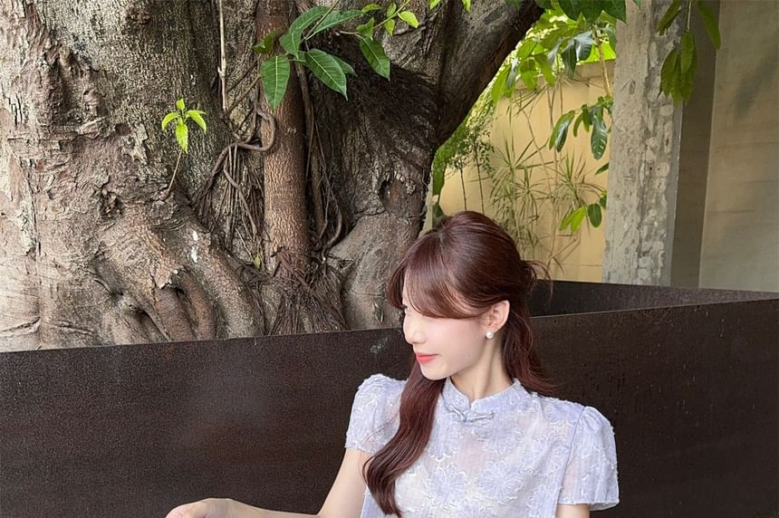 Short-Sleeve Floral Mini Qipao / High Rise Plain Wide Leg Pants