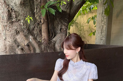 Short-Sleeve Floral Mini Qipao / High Rise Plain Wide Leg Pants