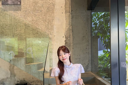 Short-Sleeve Floral Mini Qipao / High Rise Plain Wide Leg Pants