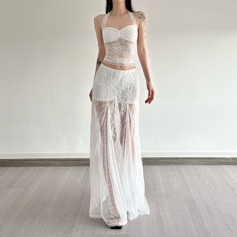 Halter Neck Lace Crop Top with High Rise Maxi A-Line Skirt