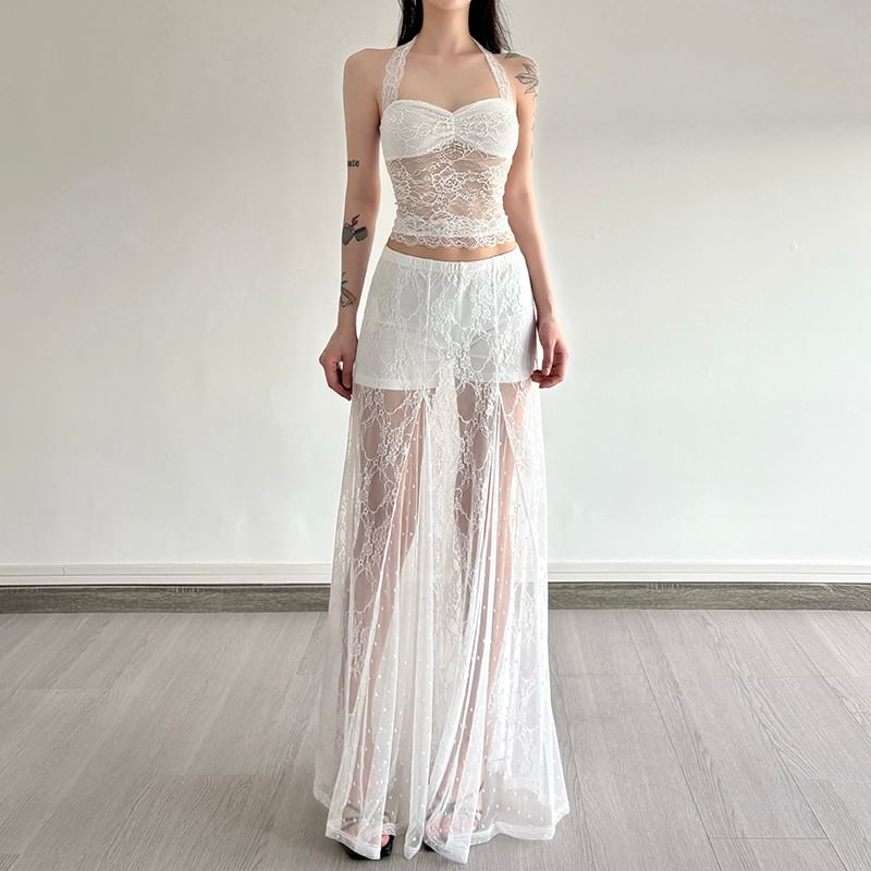 Halter Neck Lace Crop Top with High Rise Maxi A-Line Skirt