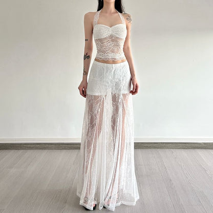 Halter Neck Lace Crop Top with High Rise Maxi A-Line Skirt