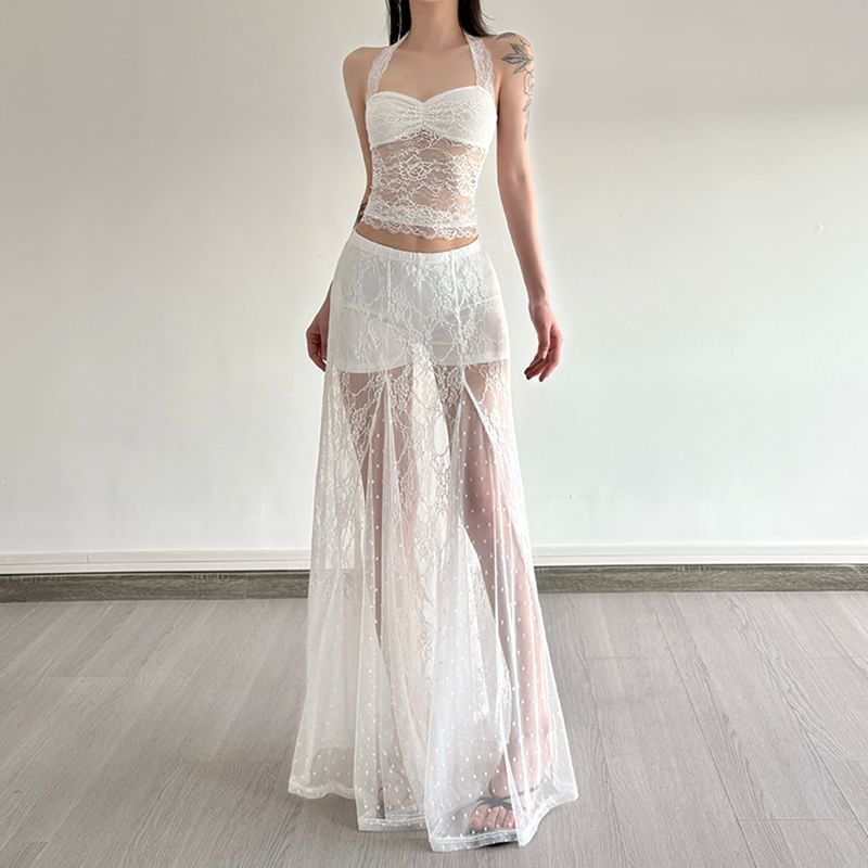 Halter Neck Lace Crop Top with High Rise Maxi A-Line Skirt
