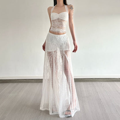 Halter Neck Lace Crop Top with High Rise Maxi A-Line Skirt