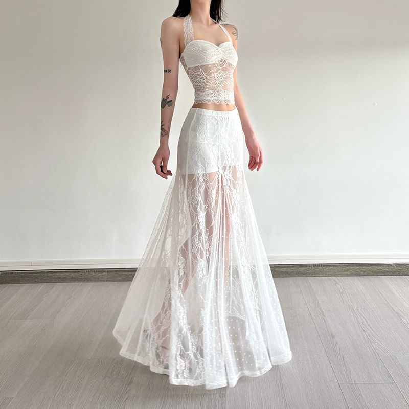 Halter Neck Lace Crop Top with High Rise Maxi A-Line Skirt