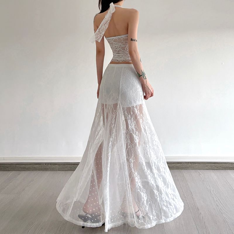 Halter Neck Lace Crop Top with High Rise Maxi A-Line Skirt
