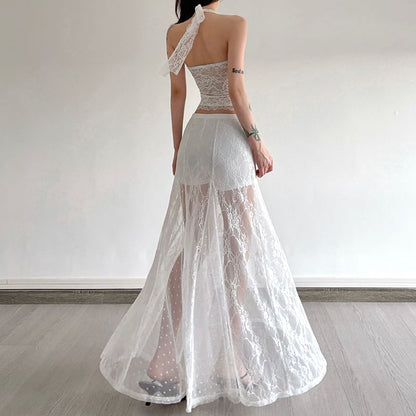 Halter Neck Lace Crop Top with High Rise Maxi A-Line Skirt