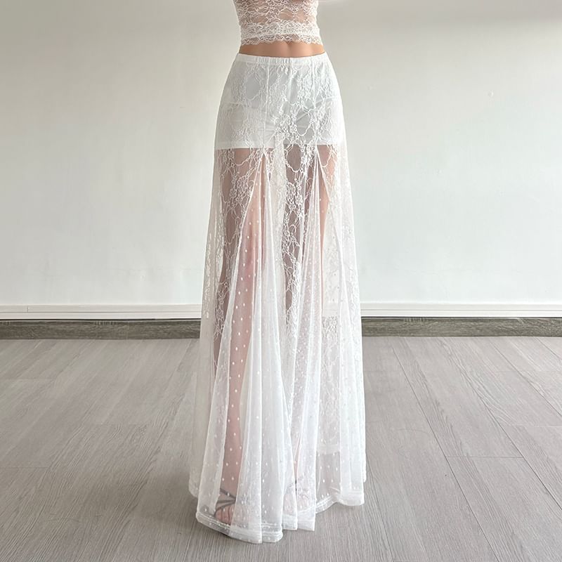 Halter Neck Lace Crop Top with High Rise Maxi A-Line Skirt