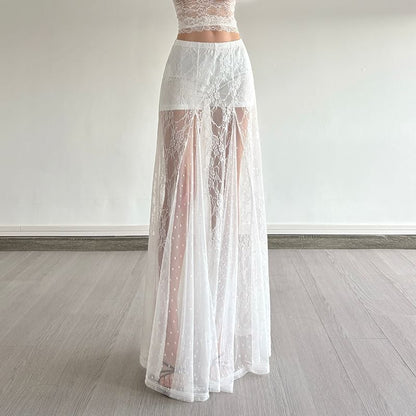 Halter Neck Lace Crop Top with High Rise Maxi A-Line Skirt
