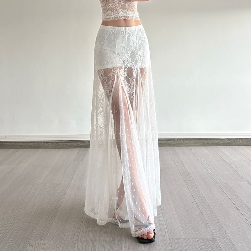 Halter Neck Lace Crop Top with High Rise Maxi A-Line Skirt