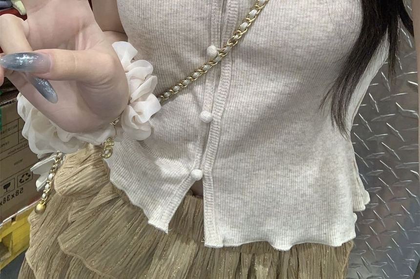 Puff-Sleeve Lace Trim Button Slim Fit Tee