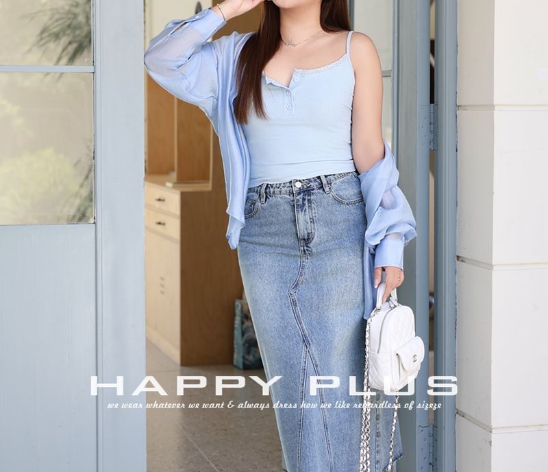 Henley Ribbed Lace-Trim Slim Camisole Top