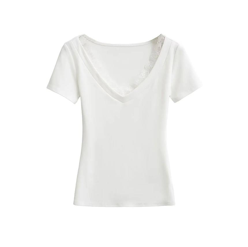 Short-Sleeve V-Neck Plain Lace Trim Tee