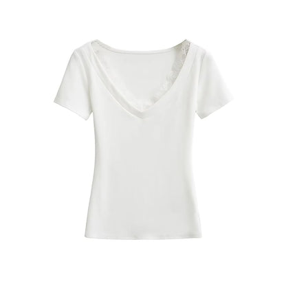 Short-Sleeve V-Neck Plain Lace Trim Tee