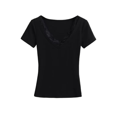 Short-Sleeve V-Neck Plain Lace Trim Tee