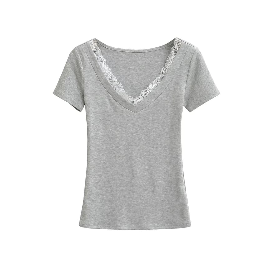 Short-Sleeve V-Neck Plain Lace Trim Tee