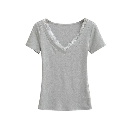 Short-Sleeve V-Neck Plain Lace Trim Tee
