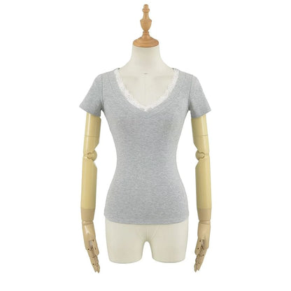 Short-Sleeve V-Neck Plain Lace Trim Tee