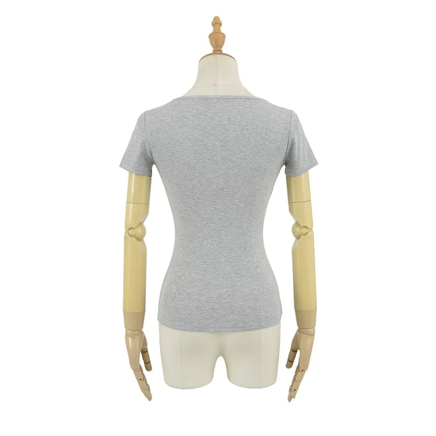 Short-Sleeve V-Neck Plain Lace Trim Tee