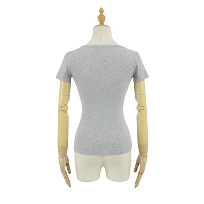 Short-Sleeve V-Neck Plain Lace Trim Tee