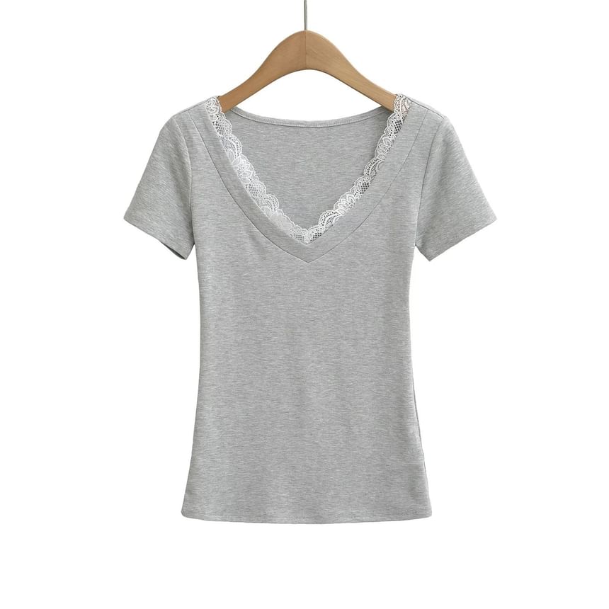 Short-Sleeve V-Neck Plain Lace Trim Tee