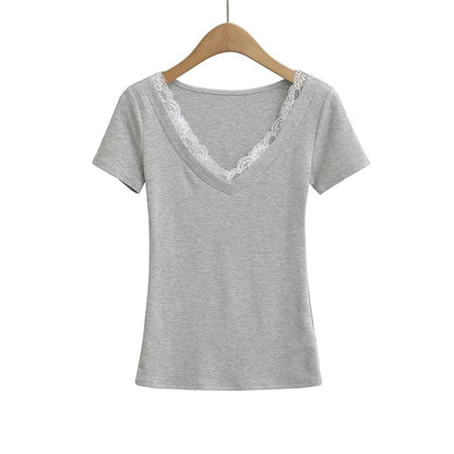 Short-Sleeve V-Neck Plain Lace Trim Tee