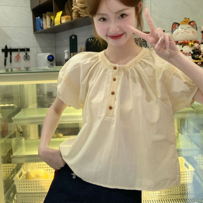 Puff-Sleeve Henley Lace Trim Blouse
