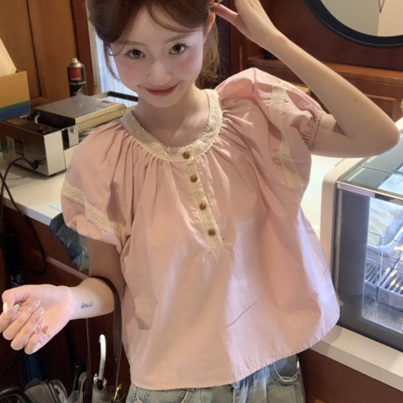 Puff-Sleeve Henley Lace Trim Blouse