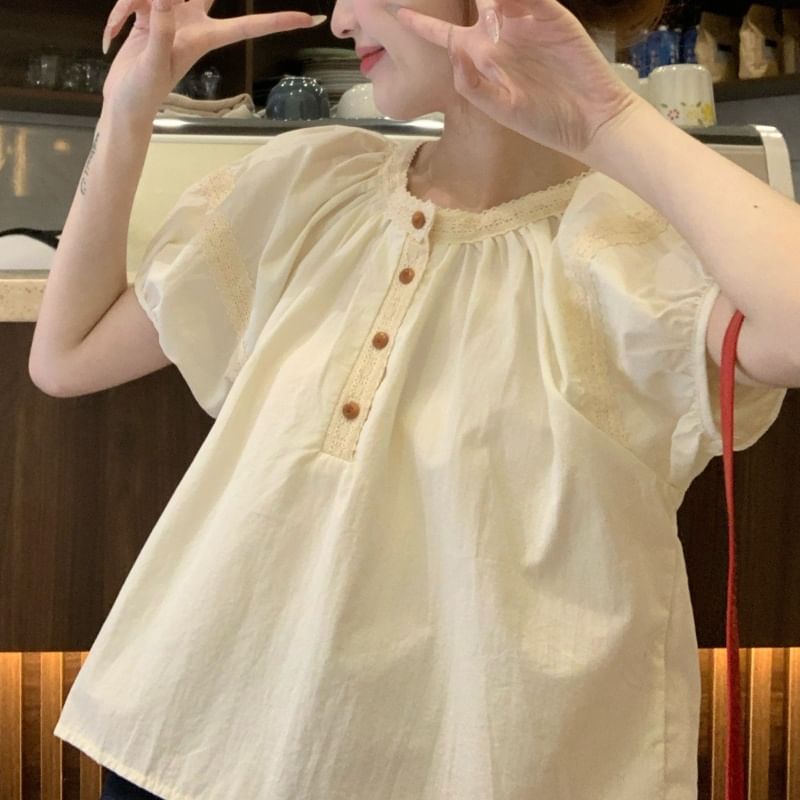 Puff-Sleeve Henley Lace Trim Blouse